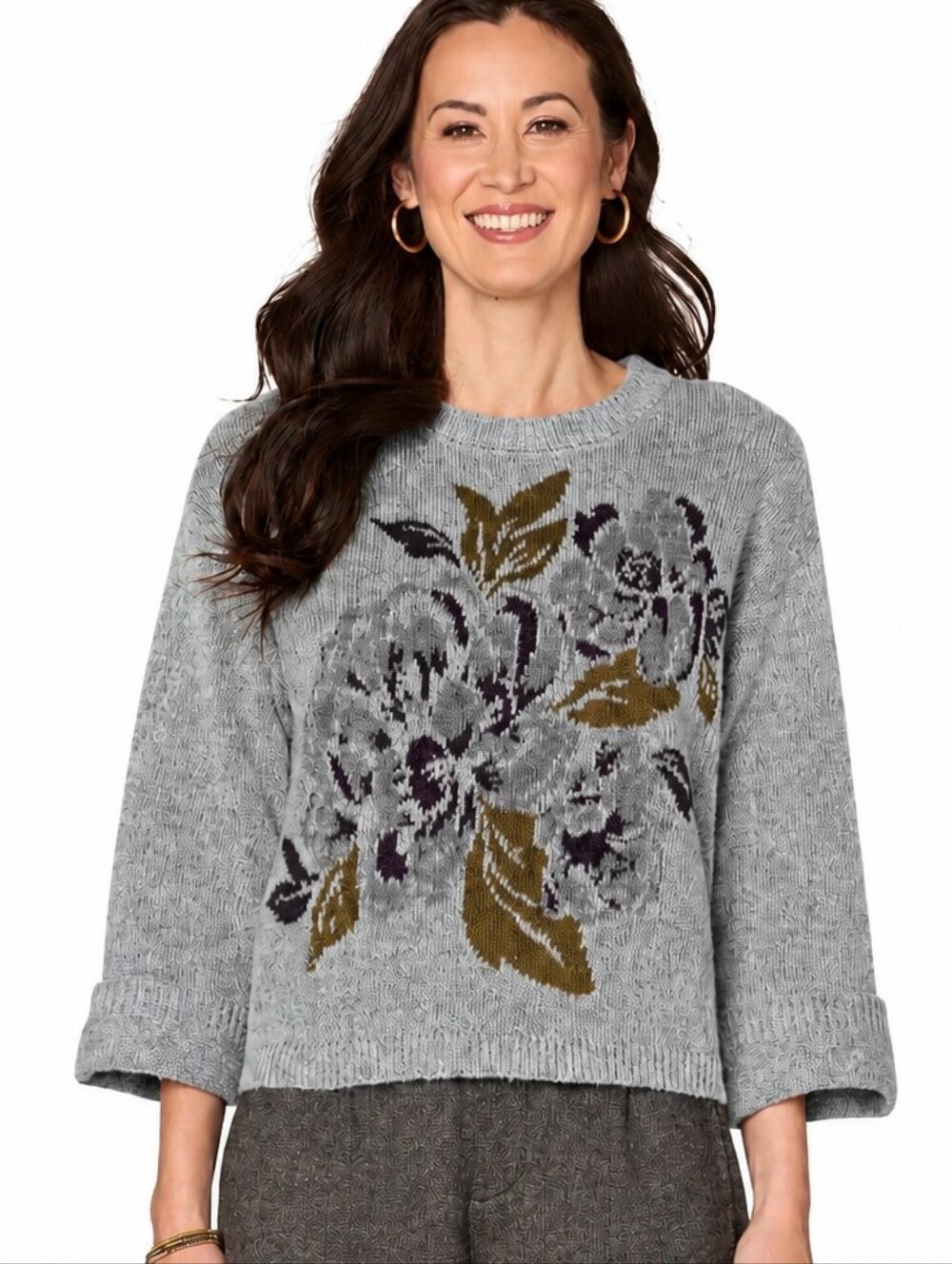 Democracy Gray Floral Knit Sweater Women's XL Purple Olive NWT